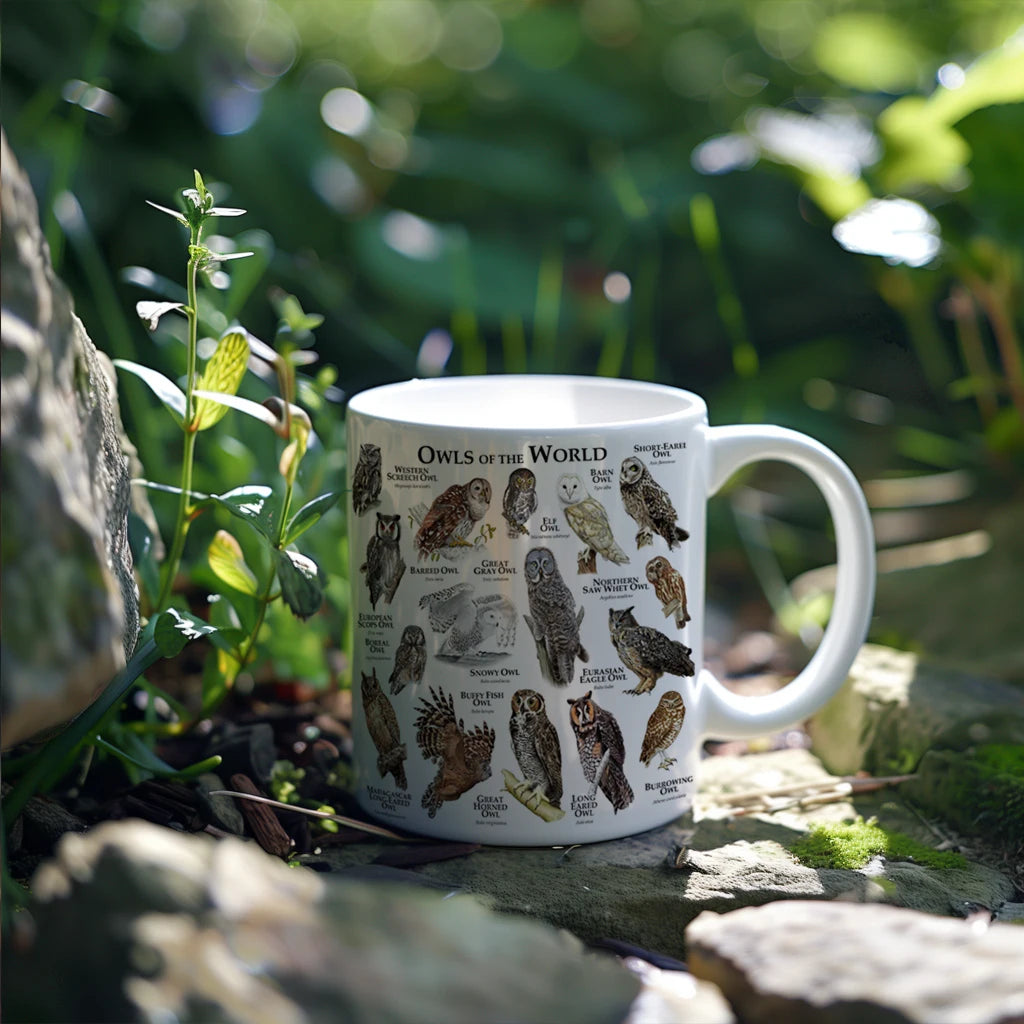 World Owl Illustrated Images coffee mug 11oz ceramic office tea cup Bird Lovers Gift Cup