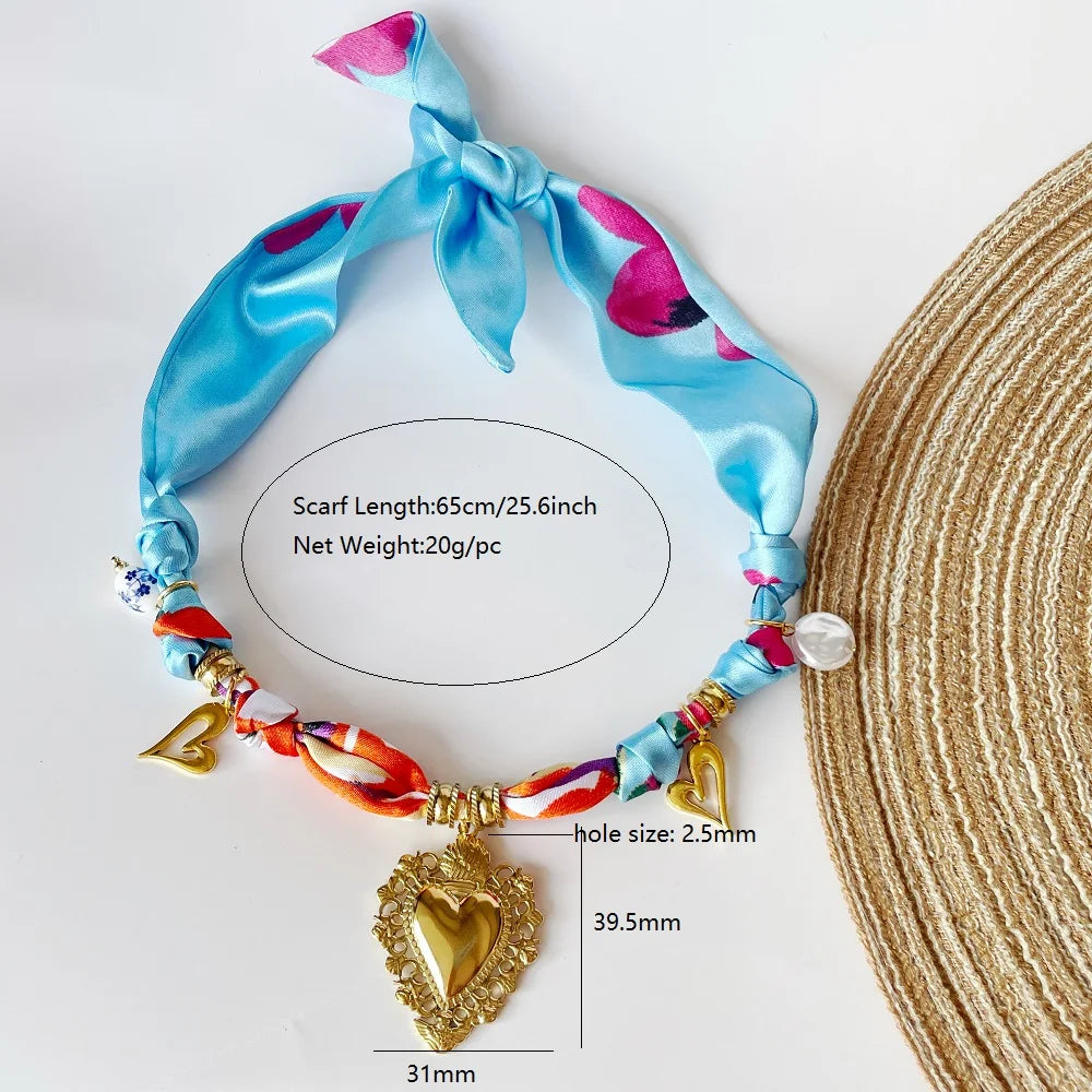 Women’s Fashion Scarf Necklace with Large Stainless Steel Heart Pendant Stackable Bandana Jewelry