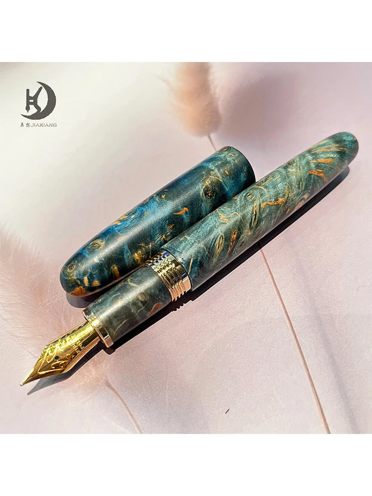 Natural Stabilized Wood Fountain Pen, Fine Nib Carving Handcraft Pen with Converter (Grass Green/Red/Blue)