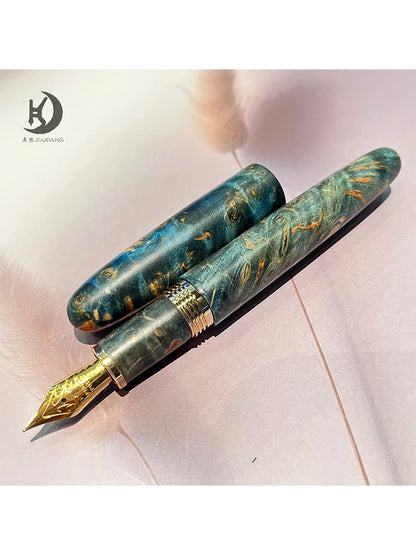 Natural Stabilized Wood Fountain Pen, Fine Nib Carving Handcraft Pen with Converter (Grass Green/Red/Blue)