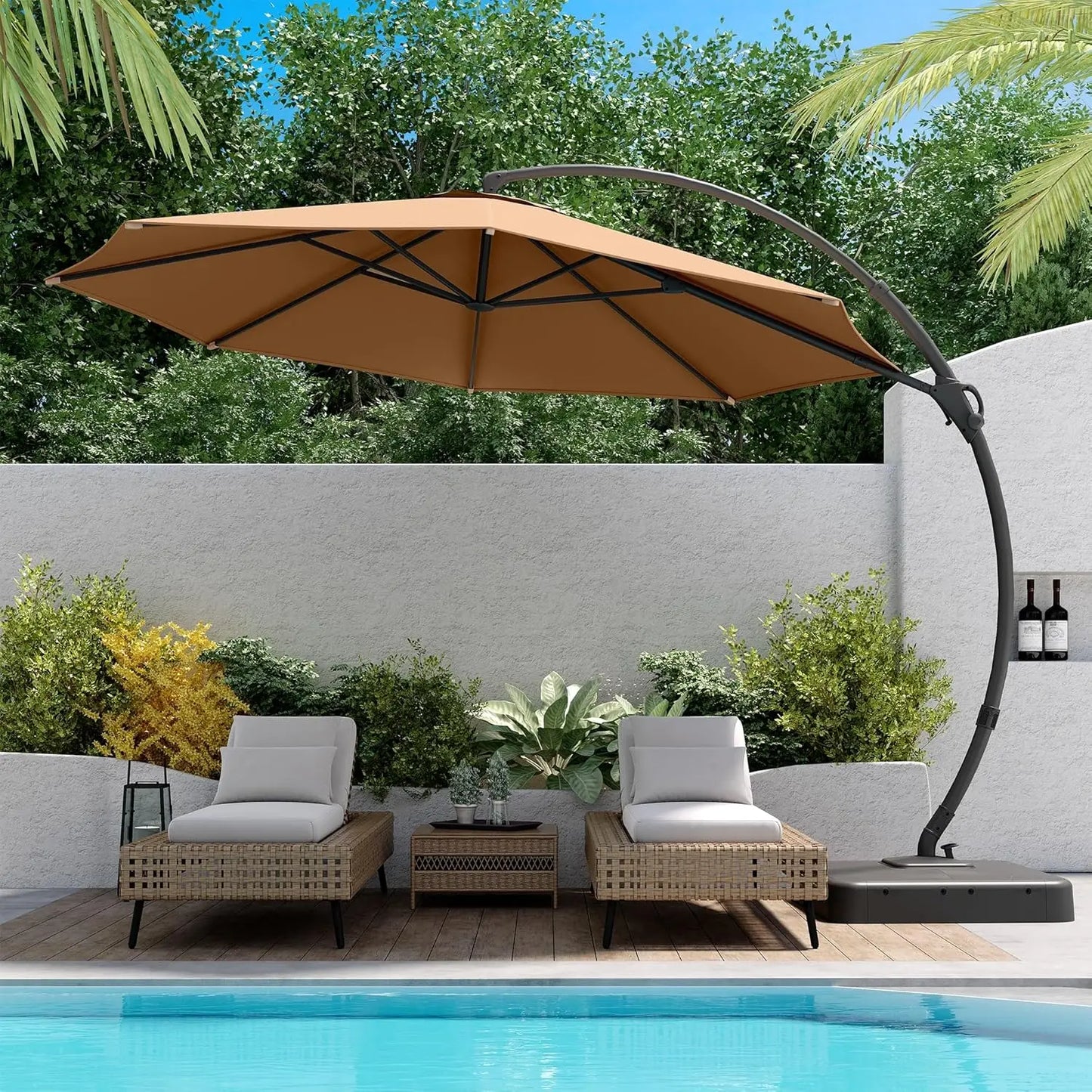 Outdoor Patio Umbrella with Base Included, Upgraded 12ft Large Sun Shade Cantilever Umbrella Deluxe Curvy Aluminum, Customized