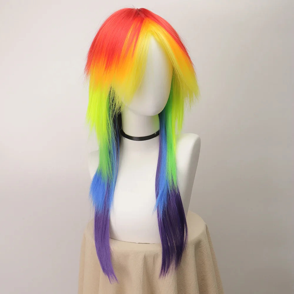 Rainbow Ombre Long Straight Layered Synthetic Wig With Bangs Unisex Pride Halloween Party Cosplay Costume Hairpiece