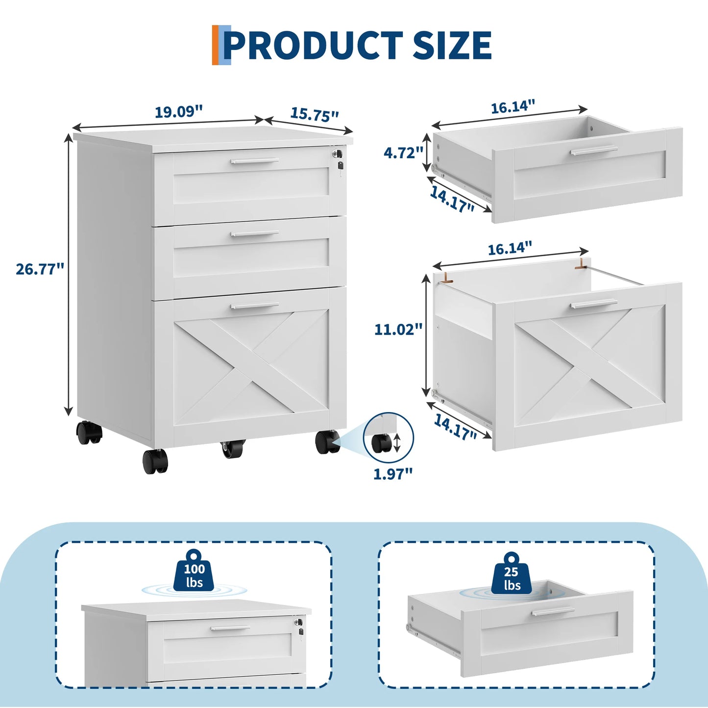 3 Drawer Rolling File Cabinet with Lock & Casters, Wooden Mobile Storage Organizer Printer Stand, Fits A4/Letter for Home Office