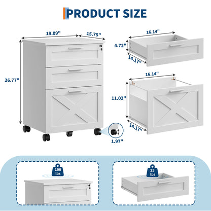 3 Drawer Rolling File Cabinet with Lock & Casters, Wooden Mobile Storage Organizer Printer Stand, Fits A4/Letter for Home Office