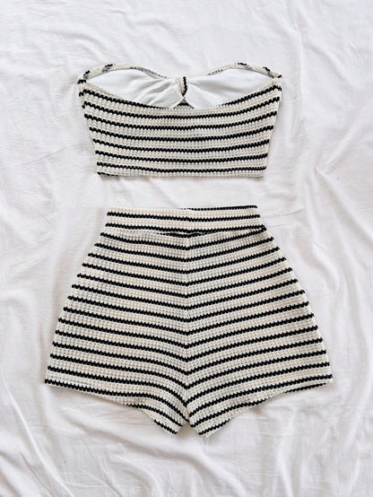 Women's Elegant 2-Piece Fashion Striped Set with Butterfly Detail Top and High-Waisted Shorts, Perfect for Holiday, Date, Aftern