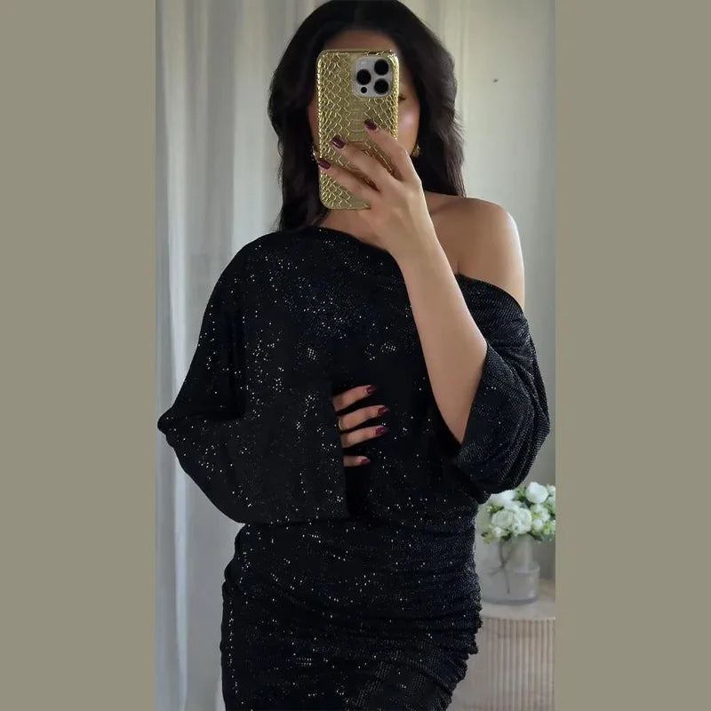 Sexy Sequined Short Dress Women V Neck Pleated Waist-cinched Empire Hip Package Dresses 2026 Spring Chic Party Evening Robe Lady