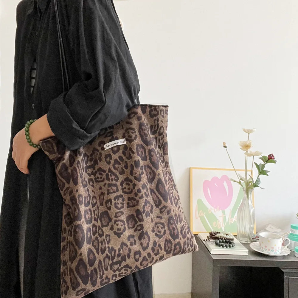 Vintage Faux Suede Women's Leopard Shoulder Bags PU Strap Double Side Female Purse Handbags Fall Winte Canvas Tote Underarm Bag