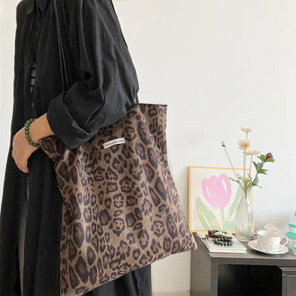 Vintage Faux Suede Women's Leopard Shoulder Bags PU Strap Double Side Female Purse Handbags Fall Winte Canvas Tote Underarm Bag