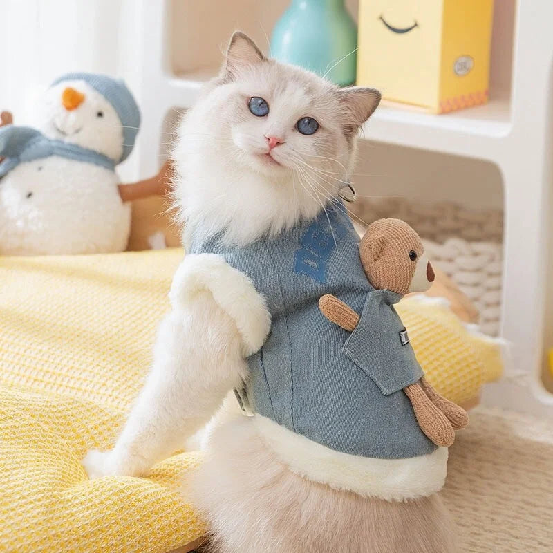 Cat autumn and winter thickened warm pocket three-dimensional bear denim traction vest small dog dog pet clothes