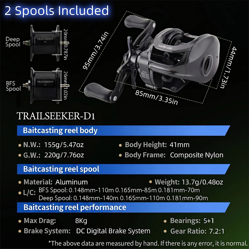 Huidiao TRAILSEEKER D1 Ultralight DC Baitcasting Reel 155g BFS Baitcaster 7.2:1 Zero Backlash 5+1BB for Bass Finesse Fishing