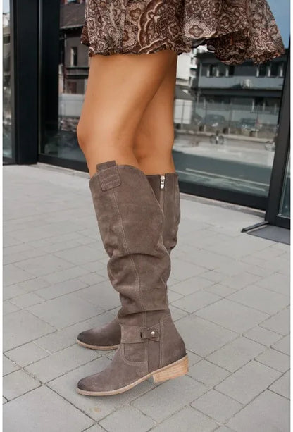 long women's boots Low Heel Side Zip Size 43 Suede Thigh High Women's Boots Retro Woman Booties Autumn Winter Knee High Boots