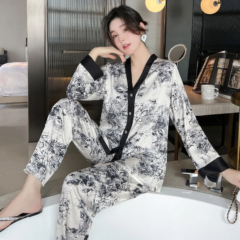 Spring Autumn Faux Silk Women Pajama Sets Fashion Sexy Homewear Luxury Pajamas Thin Female Sleepwear Long Sleeve Elegant Pijamas