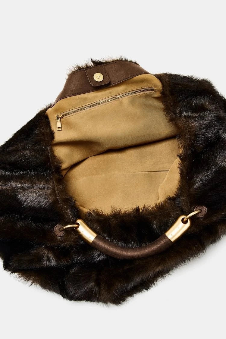 MAXI FAUX FUR BAG, Fuzzy Fur Fluffy Large Handbag, Women's Fashionable Tote Bag, Elegant Ladies Luxury Designer Shoulder Bags