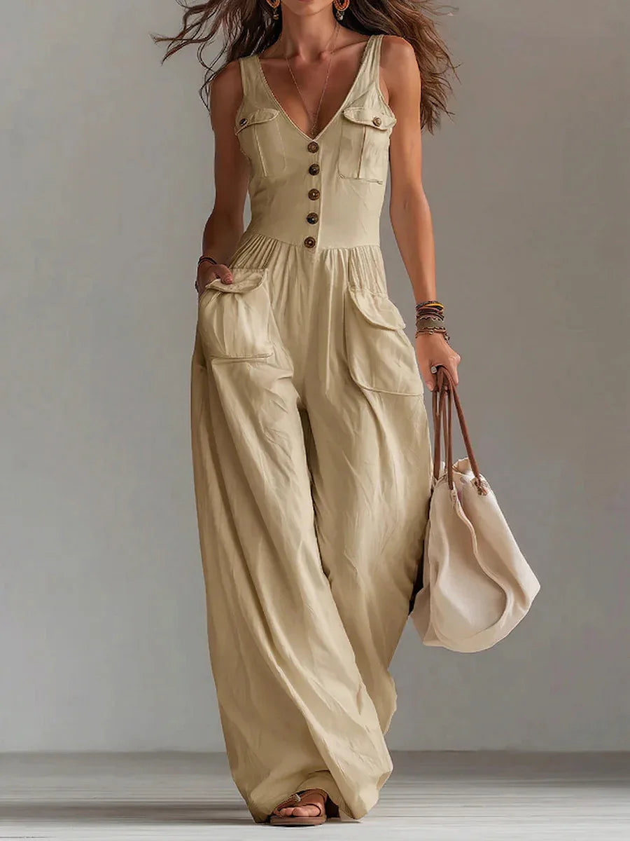 Casual New Solid Women's Jumpsuit Fashion Sexy V Neck Button Front Boho Rompers Summer Sleeveless Pocket Wide Leg Overalls