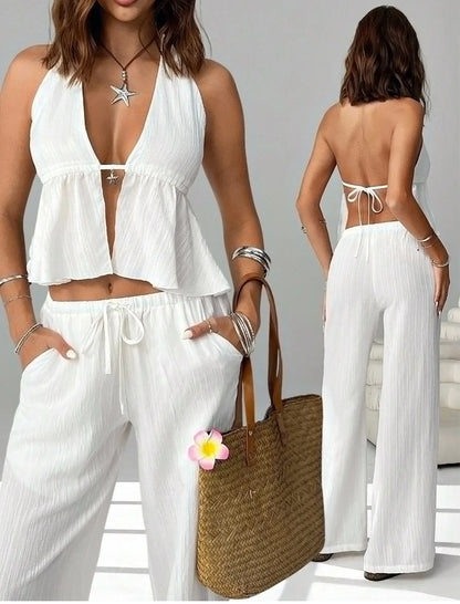 2026 Women's Summer Leisure Pants Outfits Fashion Solid Halter Tie-Up Backless Tank Tops Wide-Leg Pants 2 Pieces Set Streetwear