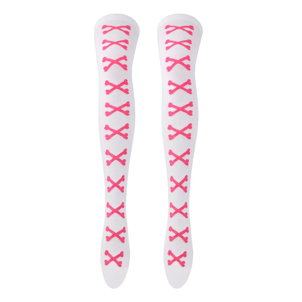 Womens Bone Thigh High Stockings Ladies Halloween Girls Black White Pink Long Over Above Knee Socks Tall Funny Cosplay Harajuku