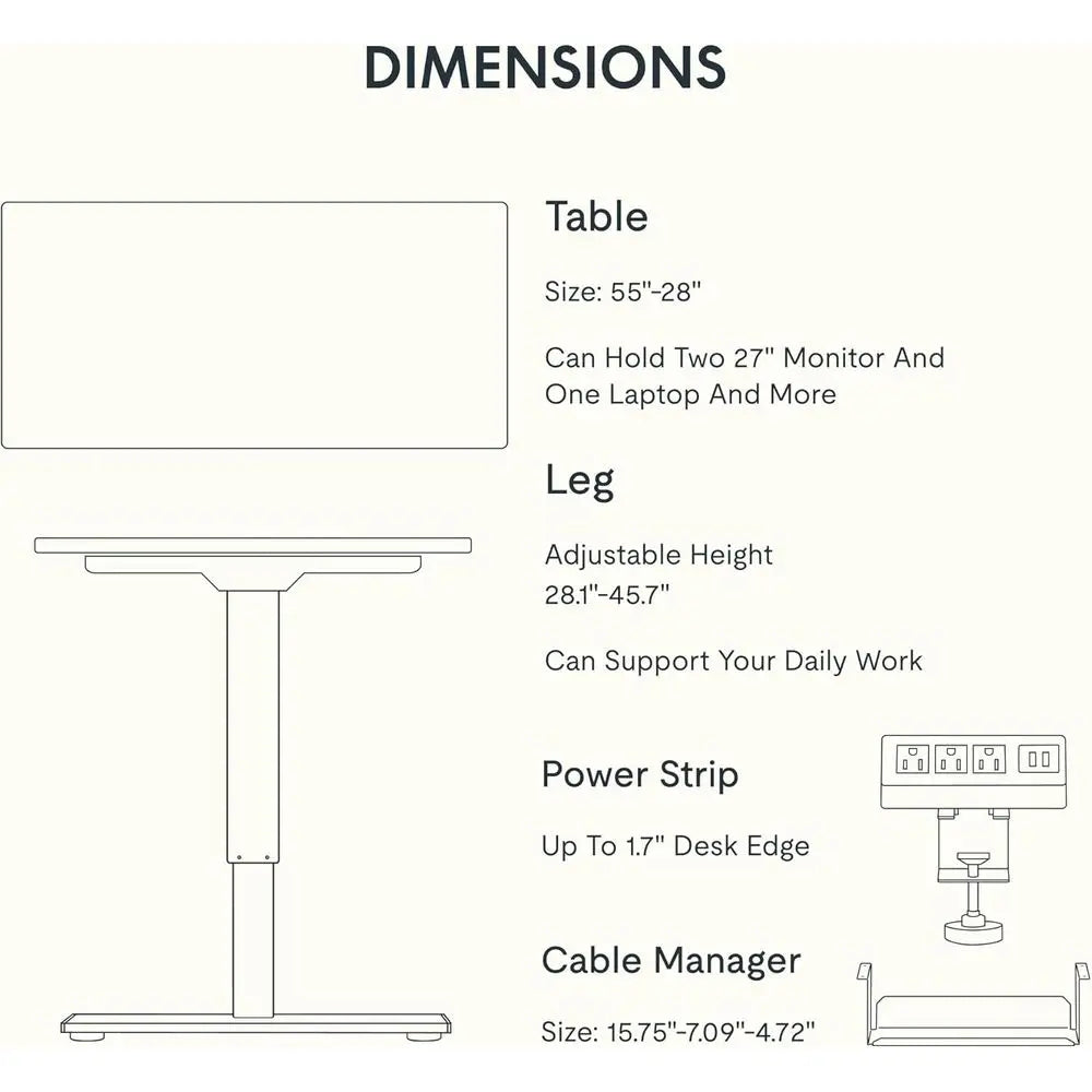 Electric Height-Adjustable Standing Desk 55 x 28 with Clamp Power Strip and Cable Management