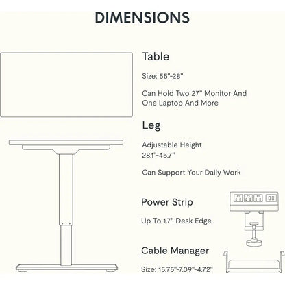 Electric Height-Adjustable Standing Desk 55 x 28 with Clamp Power Strip and Cable Management