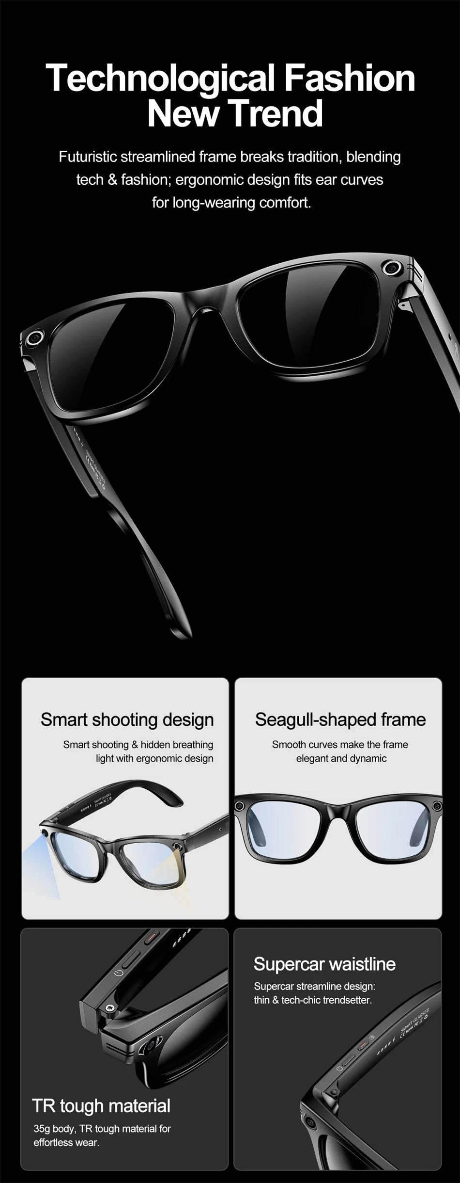 LIGE AI Camera Glasses Wireless Smart Sunglasses with Camera Bluetooth Call Music Glasses Video Sound Recording Antiblue Glasees
