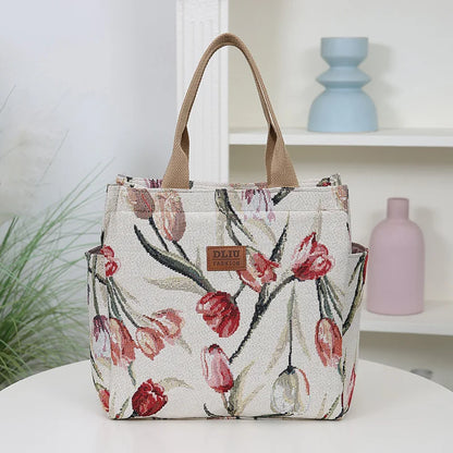 New Thickened Knitted Tote Bag, Floral Pattern Retro Large Capacity Handbag for Work  tote bag Shopping Daily Use School Commute