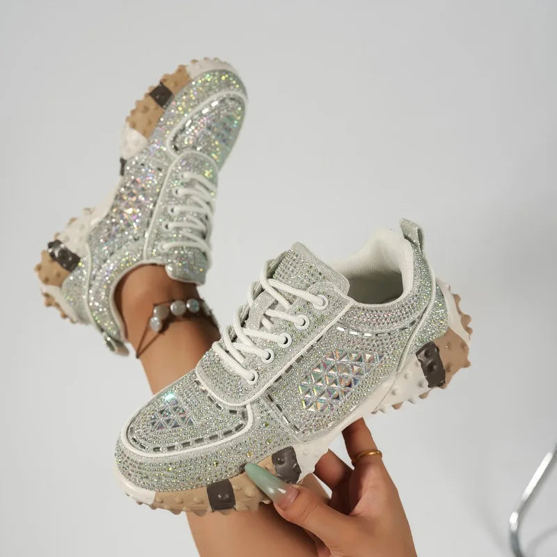 2026 Thick Soled Color Blocked Women's Sneakers Luxury Rhinestone Loafers Fashion Versatile Comfort Anti Slip Women Shoes Tenis