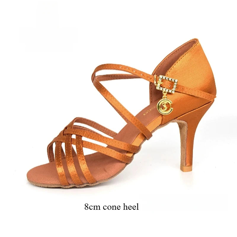 SW Latin Dance Premium Elegant Professional Women's Medium High Heel Soft Sole Ballroom Competition Dance Shoes for Practice