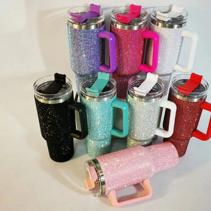 40oz Rhinestone Tumbler Stainless Steel Straw Women Cup Shiny Diamond Travel Car Thermoses Coffee Mug Water Bottle Drinkware