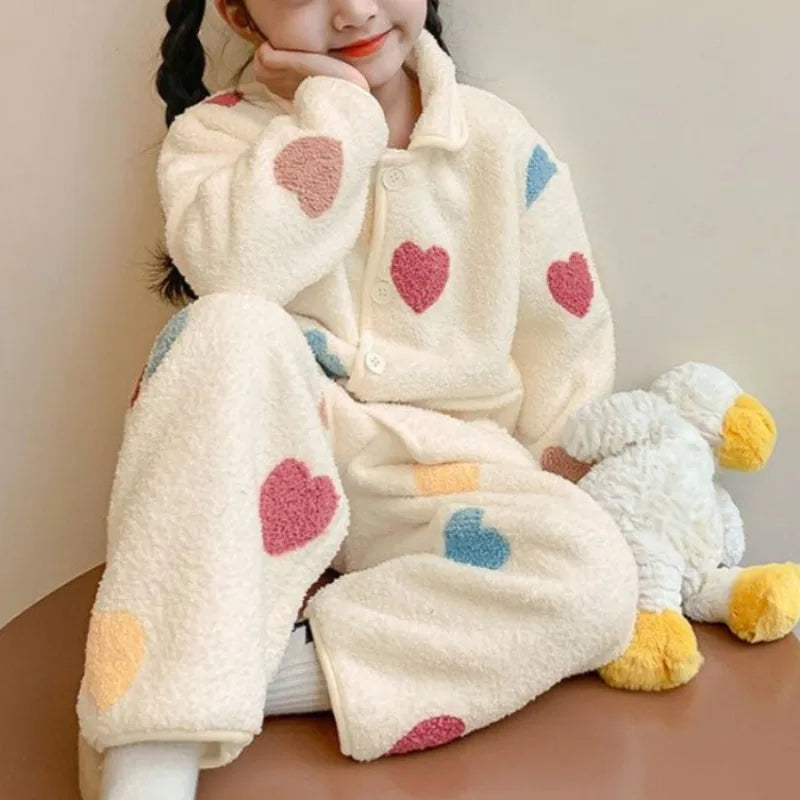 Flannel Girls Pajamas Sets Winter Children's Coral Fleece Sleepwear Cartoon Teenager Loungewear Set Thicken Kids Pyjamas Clothes