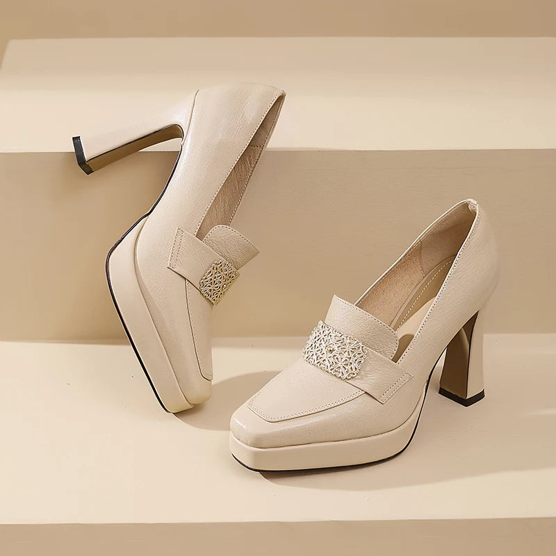 【JOCHEBED HU】Brand Genuine Leather Platform Shoes for Ladies Square Toes Women's Sewing Lines High Heels Leather