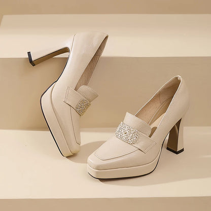 【JOCHEBED HU】Brand Genuine Leather Platform Shoes for Ladies Square Toes Women's Sewing Lines High Heels Leather