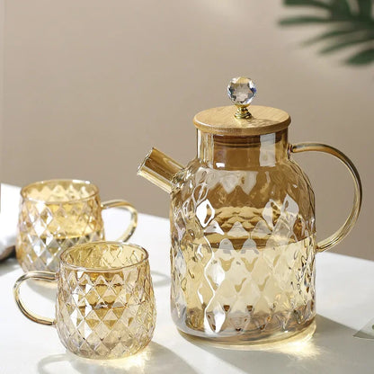 Glass Tea Kettle With Bamboo Lid And Removable Filter Spout Champagne Teapot For Loose Leaf Blooming Tea And Fruit Tea 1/1.8L