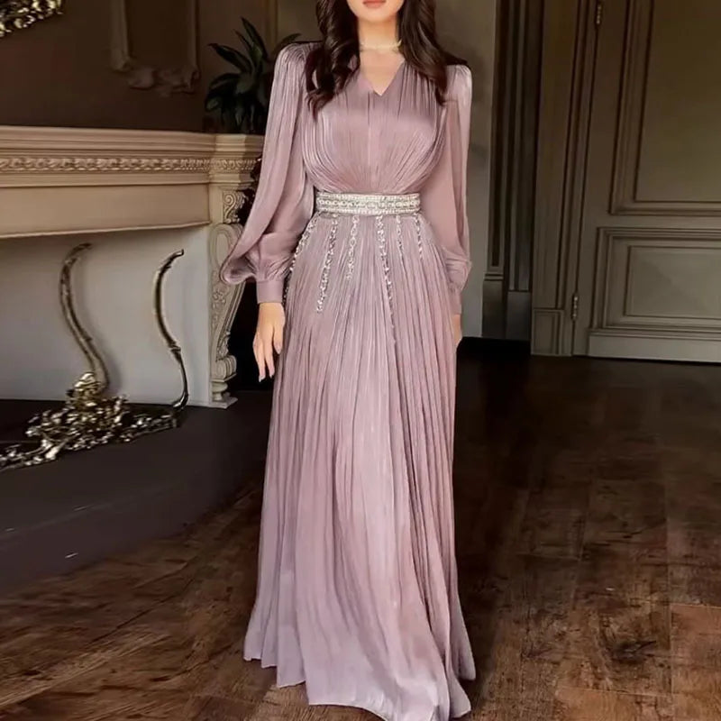Lady Lantern Sleeve Big Hem Dresses Fashion V-neck Ruffles Gauze Evening Dress Temperament High Waist Solid Color Banquet Dress