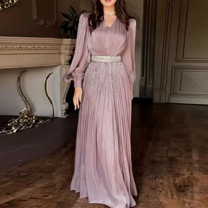 Lady Lantern Sleeve Big Hem Dresses Fashion V-neck Ruffles Gauze Evening Dress Temperament High Waist Solid Color Banquet Dress