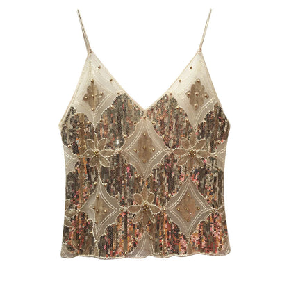 Sexy Sequins Beaded Camisoles Women Glitter Sleeveless Backless Pleated Sling Crop Tops 2026 Spring Summer Club Party Tank Lady