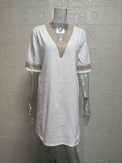 New solid color V-neck mid-sleeved elegant dress