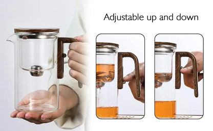 600ML Enchanti Tea Pot Glass Kettle Teapot with Wooden Handle One Click Switch Tea Filtration  Teapots Puer Tea Cup Set