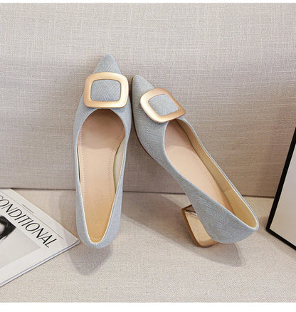 Womens Light Blue Glitter Pointed Toe Block Heel Pumps With Gold Square Buckle Detail Metallic Heel Elegant Dress Shoes Ladies
