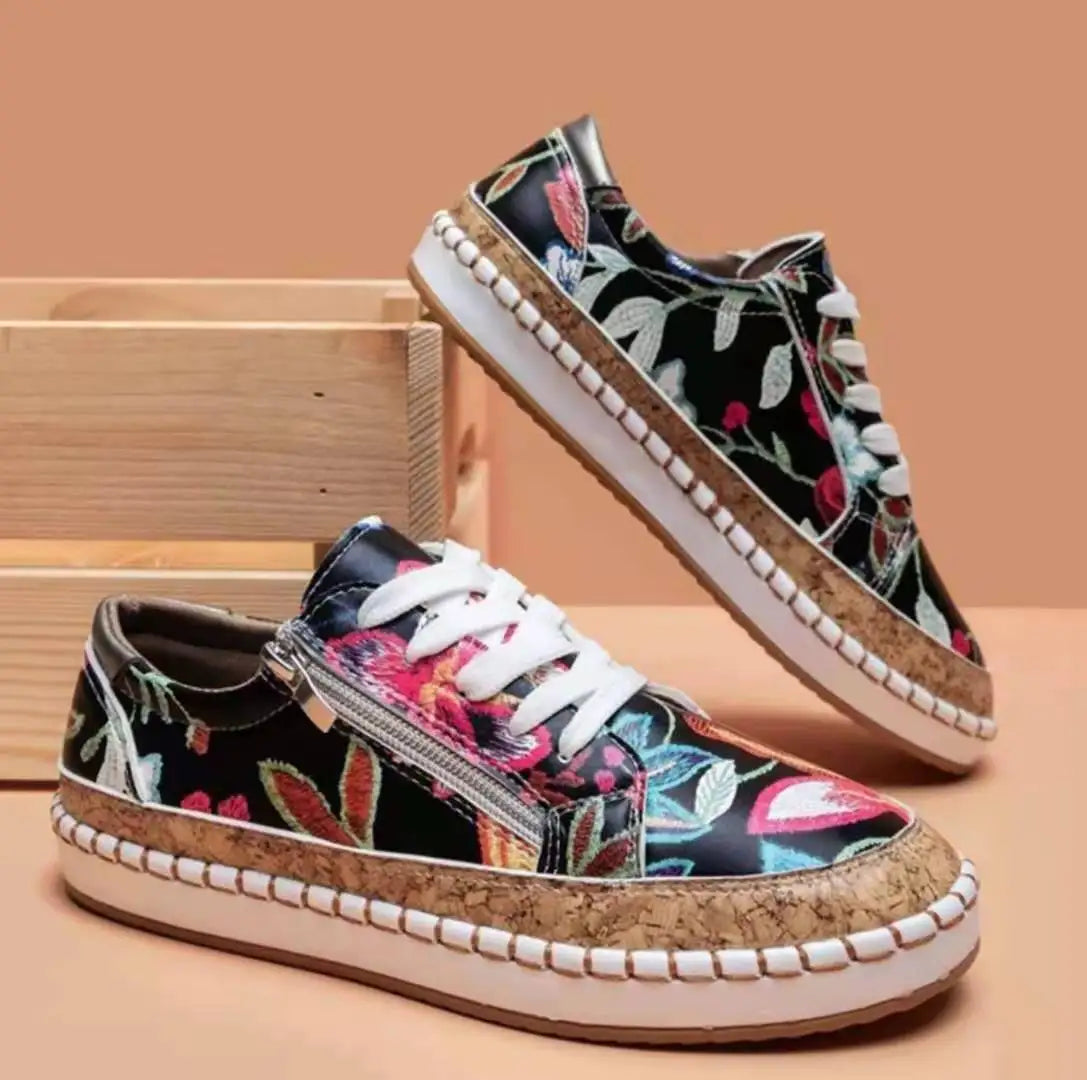 Women Sneakers Elegant Floral Printed Lace Up Flat Shoes Student Spring Casual Shoes Women Vulcanized Shoes Zapatillas Mujer