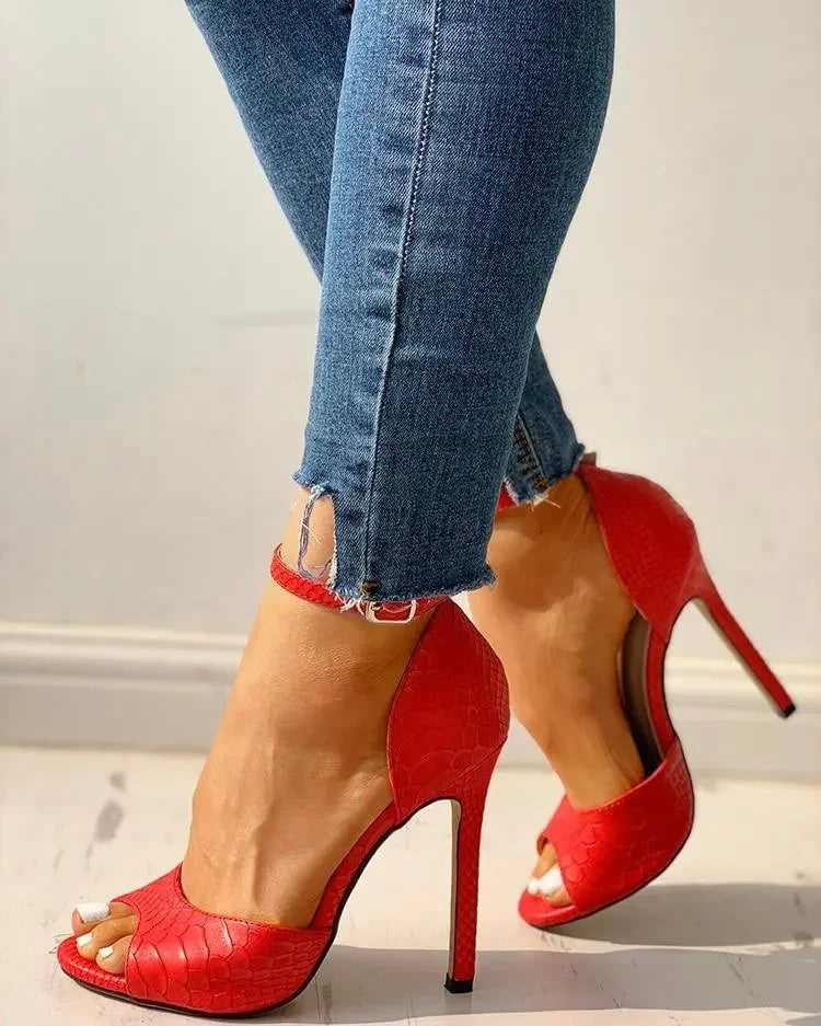 Dress Wedding Shoes Women Ankle Strap Peep Toe High Heel Sandals Sexy White Super High Heels Buckle Snake Pattern Woman Pumps