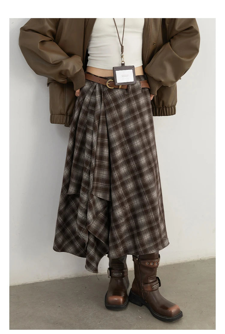 CHIC VEN Women Skirts A Line Retro Loose High Waist Irregular Color Plaid Frosted Half Body Long Ladies Skirt Autumn Winter 2026