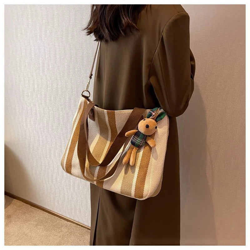 Tote Bag for Women Large Capacity Canvas Striped Shoulder Bag with Cute Pendant Commute Handbag Casual Versatile Crossbody Bag