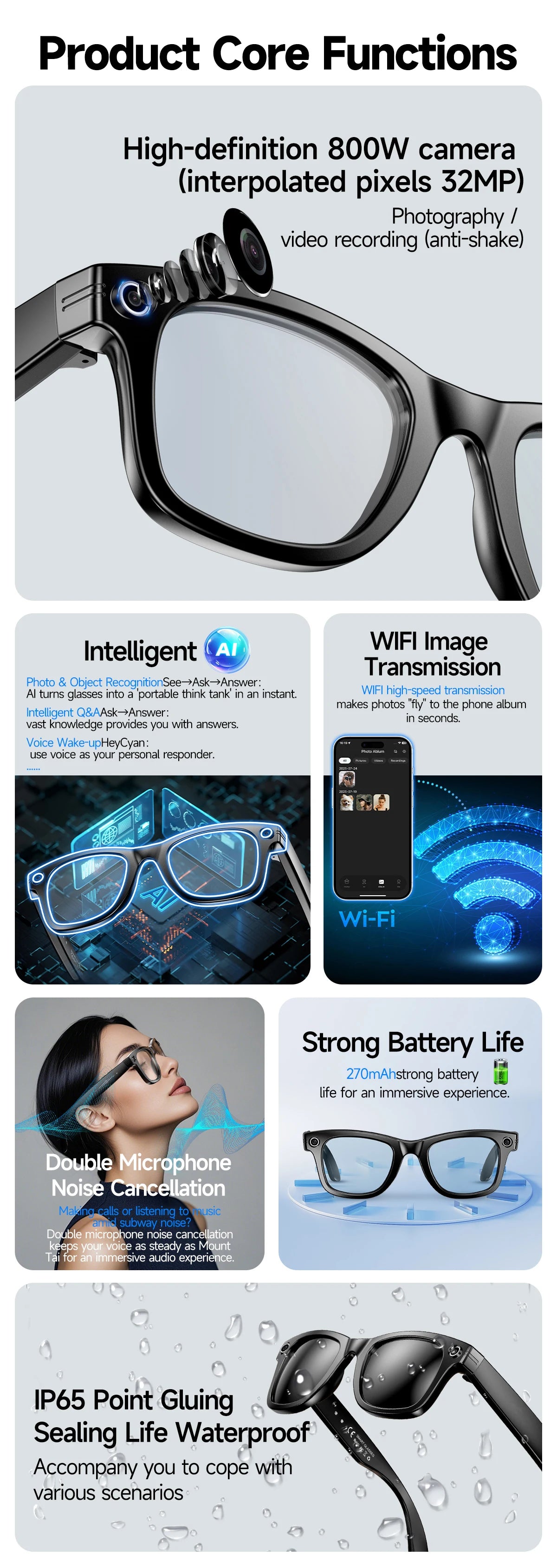 2025 New 800W Camera Glasses Bluetooth Smart Glasses with Camera Voice Call Music Smart Sunglasses Video Sound Record AI Glasses