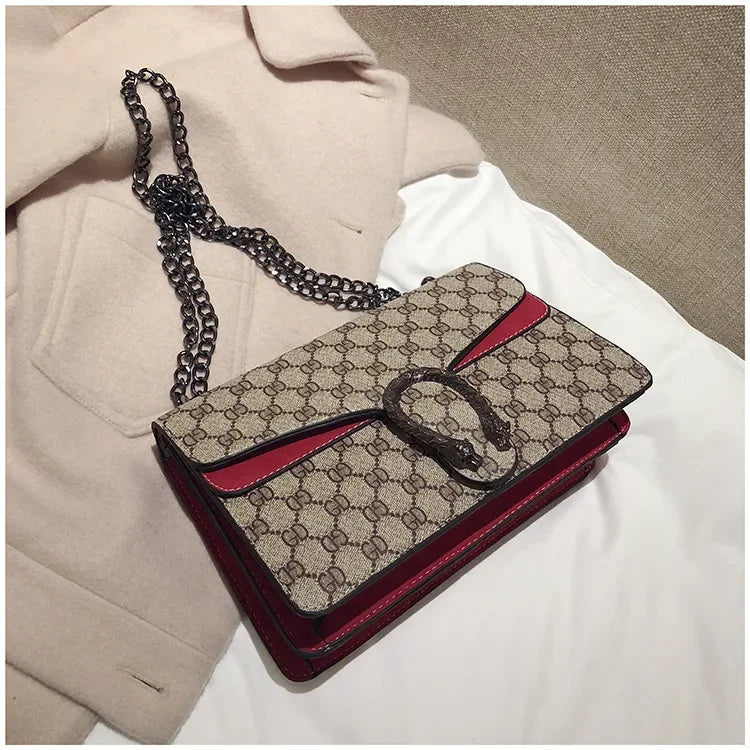 Fashionable Mini Printed Chain Women's Bag Crossbody Shoulder Bag Soft PU Leather Square Shape Bag with Phone Pocket