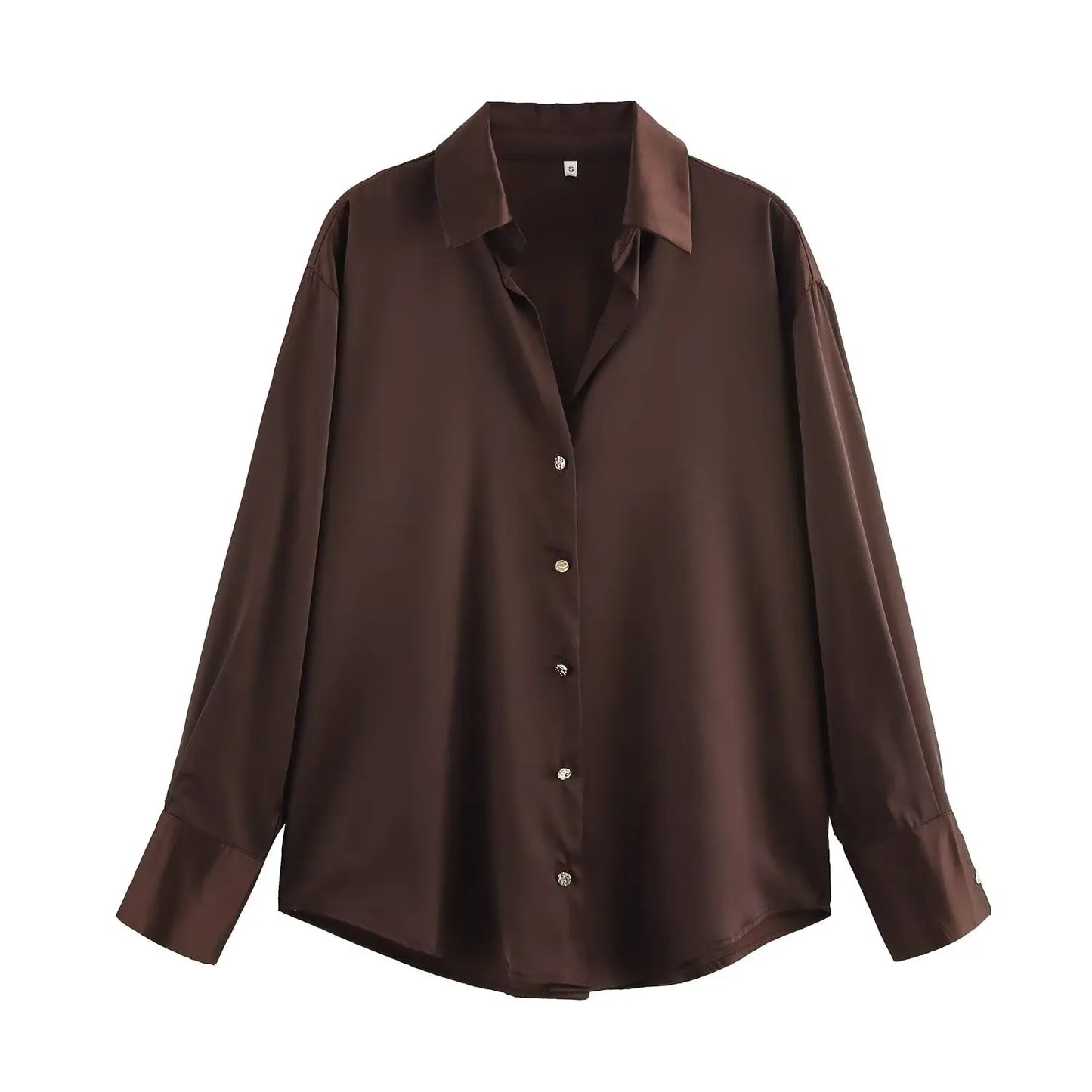 DUOPERI Women Fashion Satin Brown Blouse Lapel Neck Long Sleeves Vintage Female Chic Lady Shirts