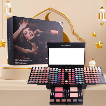 190-color professional makeup palette, eyeshadow, blush, and eyebrow powder 4-in-1, comes with mirror and a full set of brushes,
