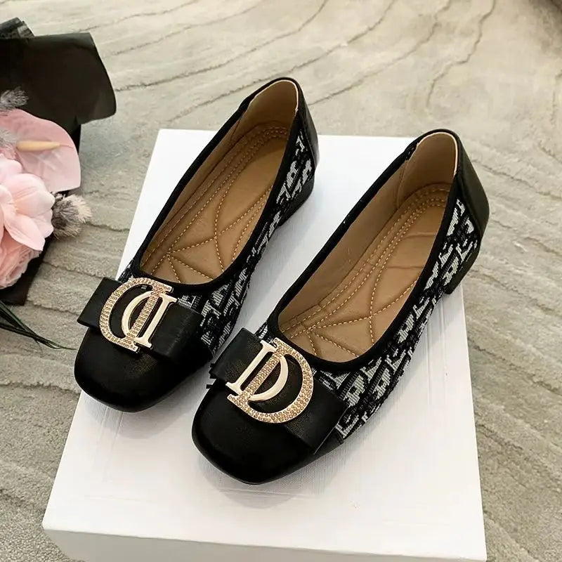 Soft Bottom Women Bean Metal Single Shoes Fashionable Versatile Shallow Mouth Retro Square Head Flat Bottom Coarse Women's Shoes