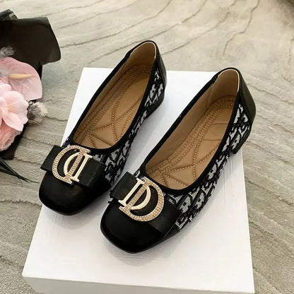 Soft Bottom Women Bean Metal Single Shoes Fashionable Versatile Shallow Mouth Retro Square Head Flat Bottom Coarse Women's Shoes