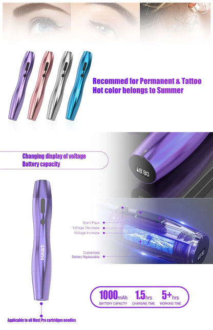 Mast P20 Wireless Tattoo Machine Full Kit 2.5mm Stroke Permanent Makeup Pen 1000mAh Battery 122g Lightweight Design for PMU Work