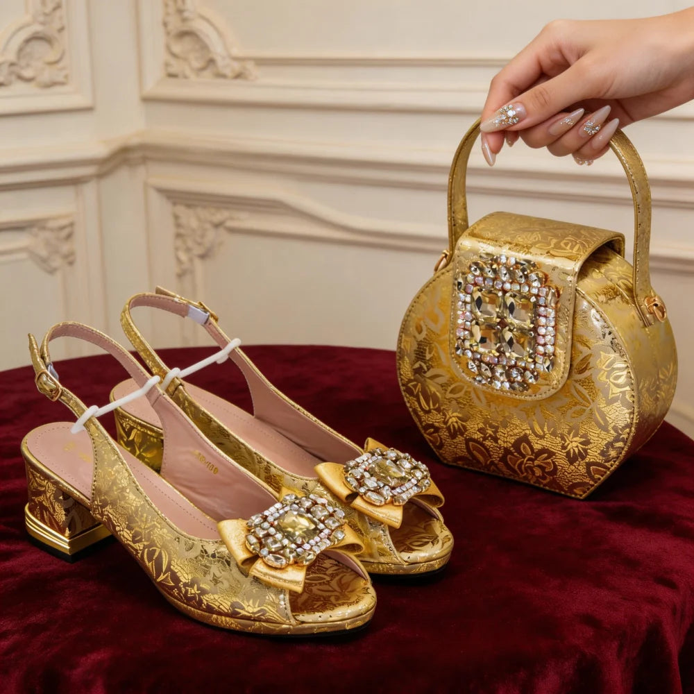 Shoe and Bag Set for Party in Women Italian African Shoes and Bags Matching Set with Rhinestone Luxury Wedding Woman Shoe
