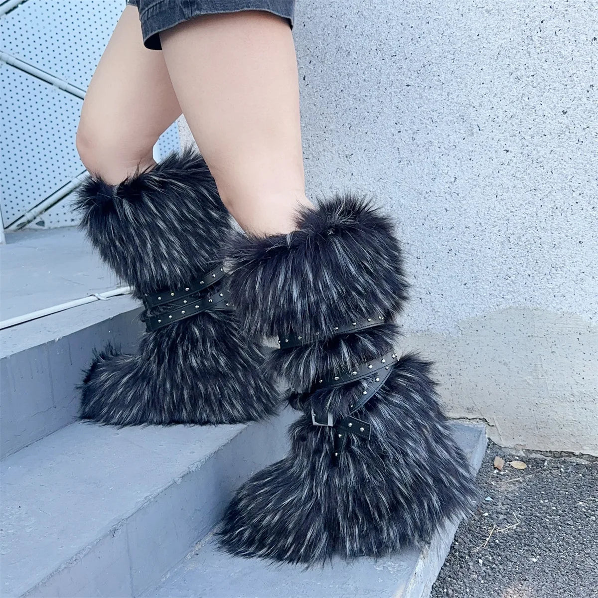 Faux Fur Knee-High Boot Round Toe Height Increasing Wild Winter Warmer Belt Buckle Slip-On Fashion Luxury Sexy Women Shoe Newest